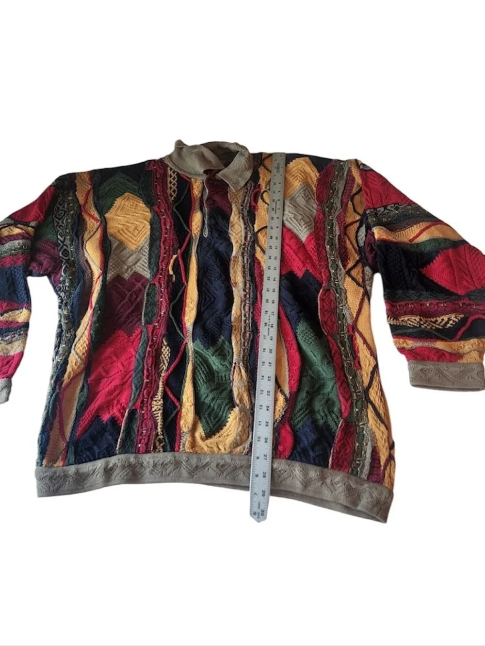 Multicolor Vintage-Style Cable Knit Sweater - Bold Geometric Pattern
